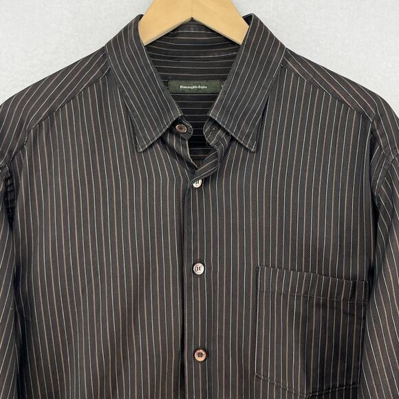 ERMENEGILDO ZEGNA Shirt Mens XL Striped Herringbone Twill Button Up Cotton Brown - Picture 5 of 15